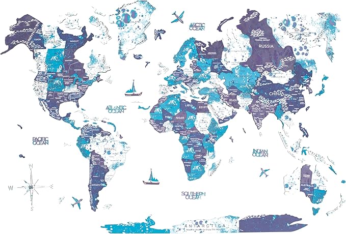 ENJOY THE WOOD Colored World Map Wood Wall Art - 3D Wall Art Home Decor - Wooden Travel Map Housewarming Gift Idea - World Map Decorations for Home (Ocean, XL)