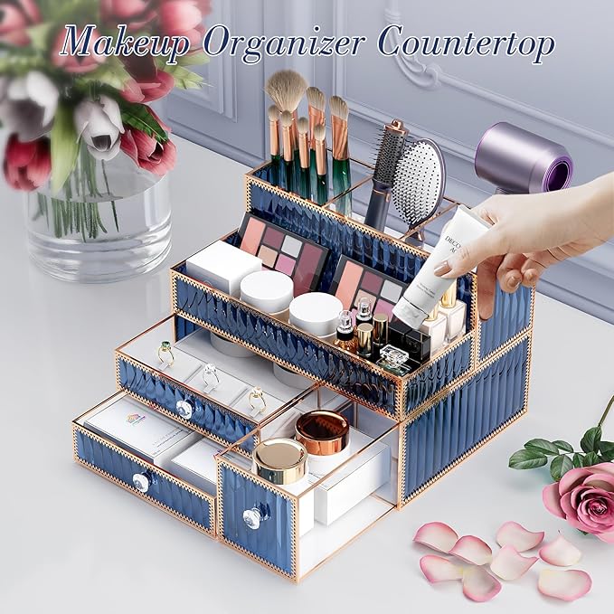 Youdepot Makeup Organizer Blue - Tempered Glass Vanity Organizer for Cosmetics, Skincare, Hair Tools, Brushes, Perfume - Multipurpose Bathroom Counter Skincare Organizer
