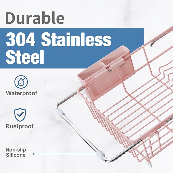 JASIWAY Pink Dish Drying Rack in Sink, Dish Drainer with Utensil Holder | Over The Sink Expandable Stainless Steel Strainer Dryer Rack for Small Kitchen, Counter Space Saving, Fast Drain, Rustproof
