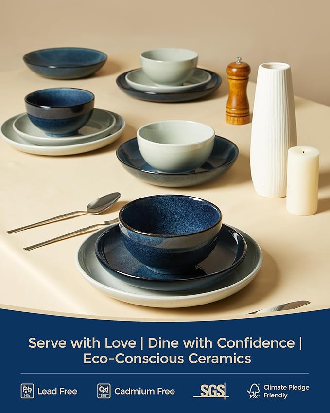 Pokini 24 Piece Double Bowl Dinnerware Sets with Pasta Bowls, Highly Chip and Crack Resistant Plates and Bowls Sets, Natural Earthyware Ceramic Dishware Sets, Service for 6 Starry Blue