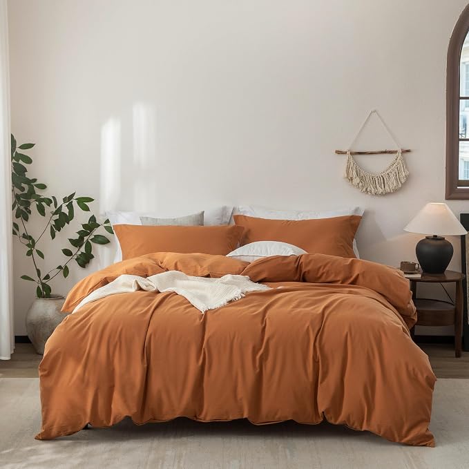 Linen Feel Duvet Cover Queen Size 90inch x 90inch,100% Washed Cotton Duvet Cover with Zipper Closure and 2 Pillowcases, Color of Burnt Orange