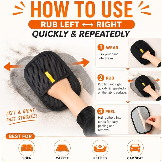 2.0 Upgraded Pet Hair Removal Glove for Dogs and Cats (4) | Dual-Sided Design, Mesh & Lint Surface, Reusable Glove, Dogs & Cats, Hand Strap Fit