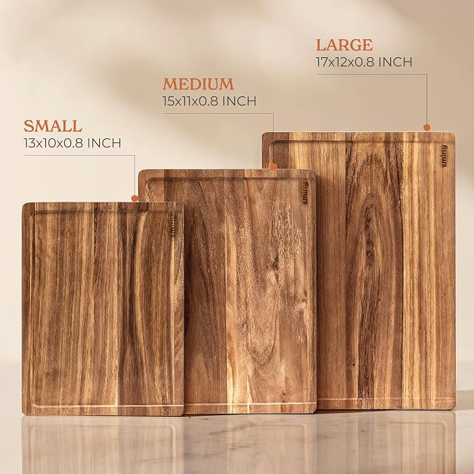 SMIRLY Acacia Wood Cutting Board - 3 Pack Cutting Boards for Kitchen | Non Toxic Acacia Cutting Board with Juice Grooves and Handles, Multiple Sizes Chopping Board for Meal Prep & Charcuterie