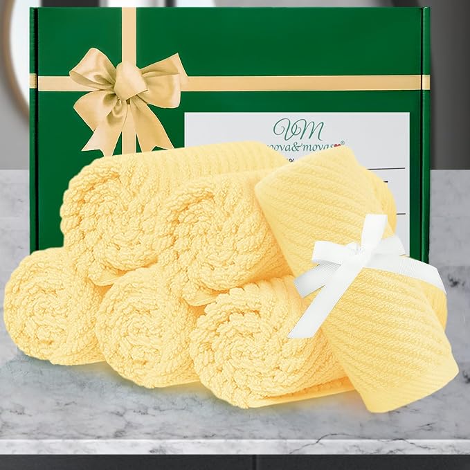 VOOVA & MOVAS Washcloths 6PC, 100% Cotton, 13x13 in, Yellow | Thick, Quick Dry, Soft, Absorbent, Fluffy Hand Towels, Hotel Wash Cloths, Towel Gift Set