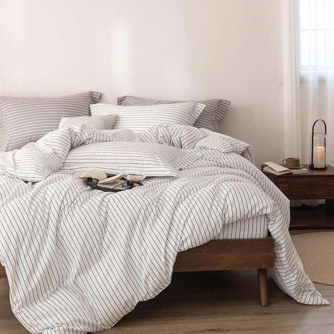 Stripe Duvet Cover Queen Size 90inch x 90inch, 100% Washed Cotton Linen Feel Pinstripe Duvet Cover with Zipper Closure and 2 Pillowcases, Color of White-Dark Grey Stripe