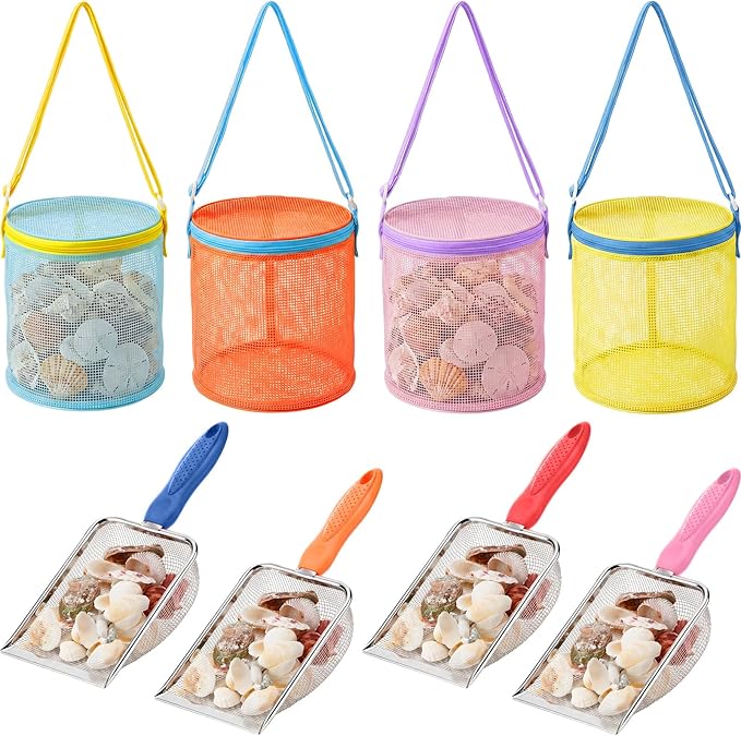 8 Pcs Sand Sifter with Shelling Bags for Beach Mesh Shovel with Mesh Bag for Shell Collecting Shark Tooth Sifter Filter Sand Scooper for Picking up Shells Beach Essentials Vacation Tools