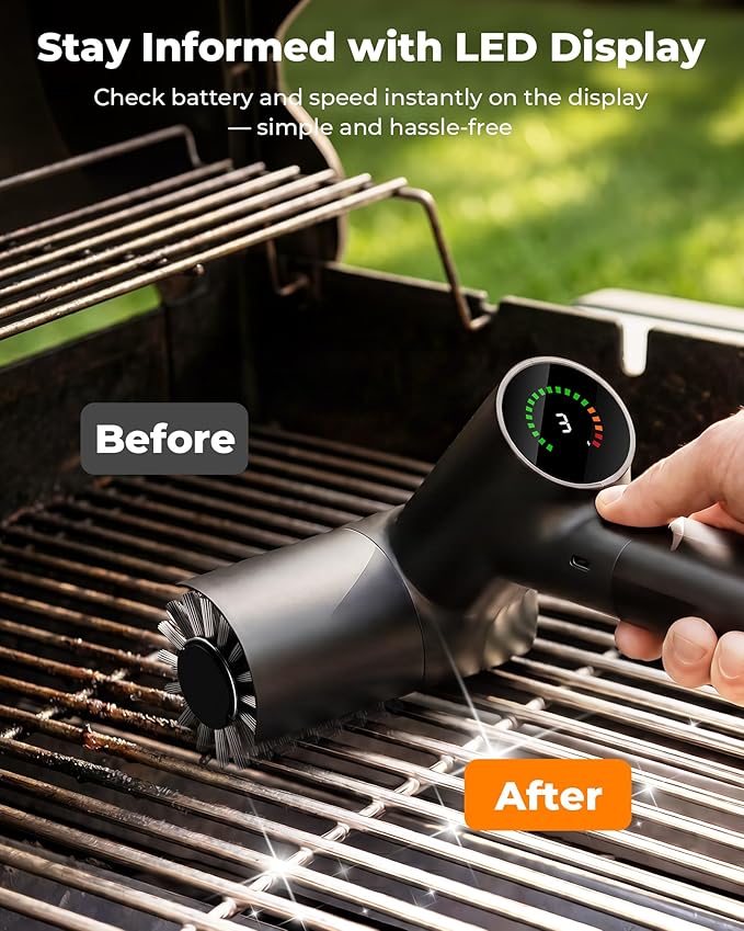 Electric Grill Brush, 3-Speed Cordless Rechargeable High Torque Grill Cleaner with LED Light, Waterproof Anti-Shedding SS Bristle BBQ Grill Brush for Outdoor Grill Safe for Porcelain Cast