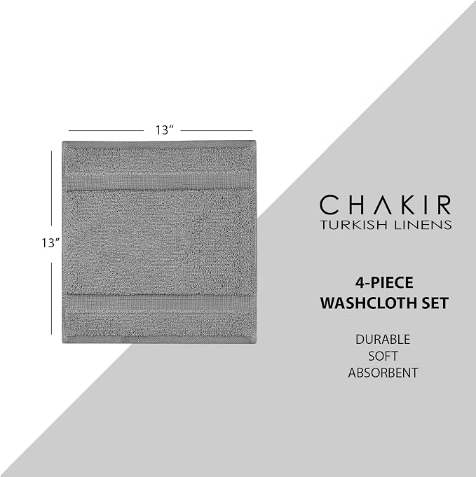Chakir Turkish Linens 4 Piece Washcloth Set, 100% Cotton Luxury Turkish Washcloths for Bathroom, Soft Absorbent Washcloths, 13 x 13 Inches, Gray