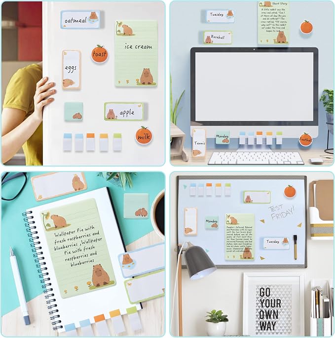 Xqumoi Don't Worry Be Capy Sticky Notes Set, 550 Sheets, CAPY and Orange Pattern Self-Stick Notes Pads Animal Divider Tabs Bundle Writing Memo Pads Back to School Office Supplies Small Gift