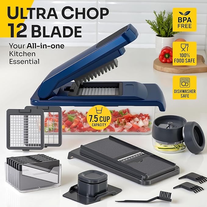 UltraChop All-In-1, 12 Blade Heavy Duty Vegetable Chopper, Food Chopper Container, Spiralizer, Mandoline Slicer Onion Mincer, French Fry And Salad Cutter, Home Essentials & Kitchen Gadgets, Blue
