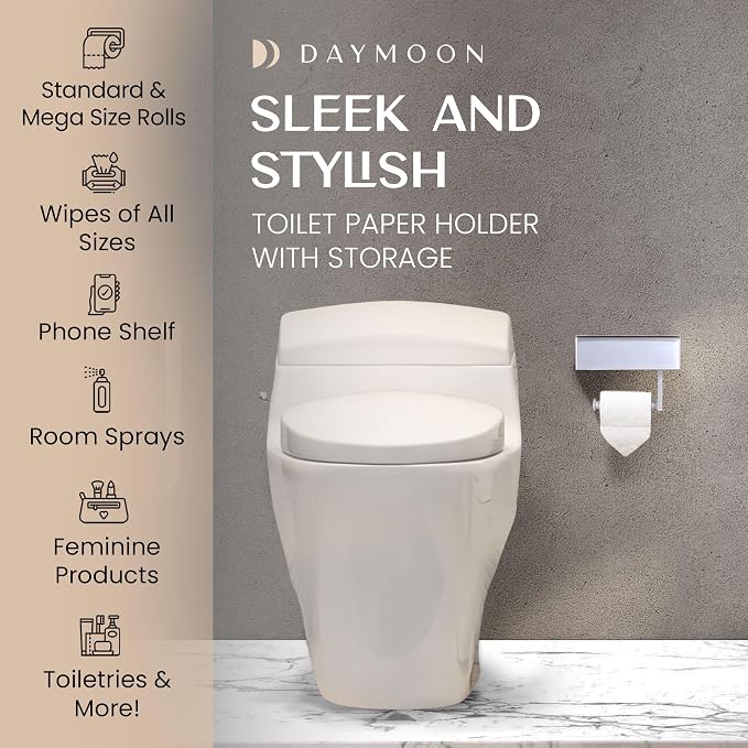 Day Moon™ - Toilet Paper Holder with Shelf - Modern Roll Holder for Bathroom - 1 Pack - Wall Mount - with Storage, White
