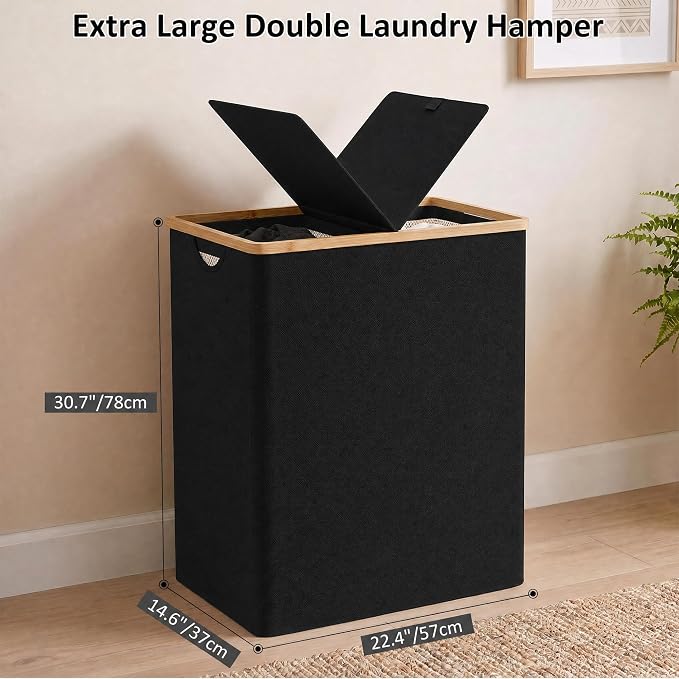 efluky Laundry Hamper with Lid, Double Laundry Basket with 2 Removable Bags, 2 Section Laundry Bin with Bamboo Handles for Bathroom, Bedroom & Laundry Room, 170L (44.9 Gallon) Black