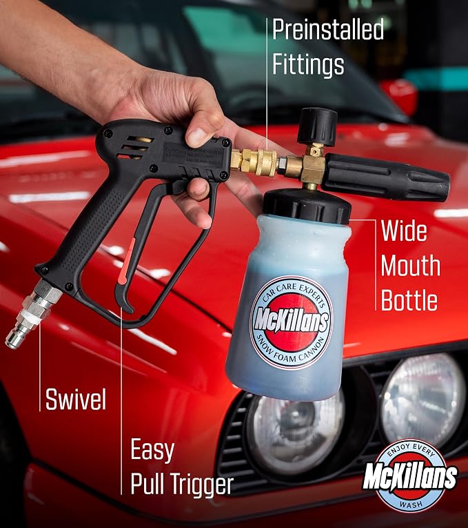 McKillans Pressure Washer Gun with Swivel & Foam Cannon Wide Mouth & M22-14mm Adapter - Adjustable Thick Foam - Power Washer Gun - 3/8" Male Plug & 1/4” Quick Connector Coupler