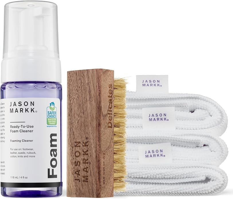 Jason Markk Quick Clean Kit & Microfiber Towel Bundle, 5-Piece Set, Ready-To-Use Foam & Delicates Brush, 3-Pack of Towels, Ideal for Footwear, Safe for Leather, Suede, Nubuck, Cotton, Knits