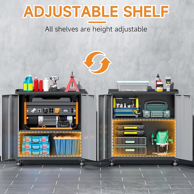 Metal Garage Storage Cabinet with Wheels, Adjustable Rolling Tool Storage Cabinet with Lock, 34" Steel Locking Tool Cabinet with Doors and Shelves for Garage, Warehouse (Black&Gray, 34.3" H)