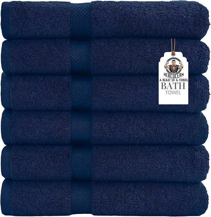 HERCULEAN Premium Bath Towels 24 x 48 Pack of 6 | Quick Dry and Highly Absorbent | 100% Cotton Terry Towels for Bathroom - Perfect for Shower - Pool and Spa - Luxury Soft Towels - Navy