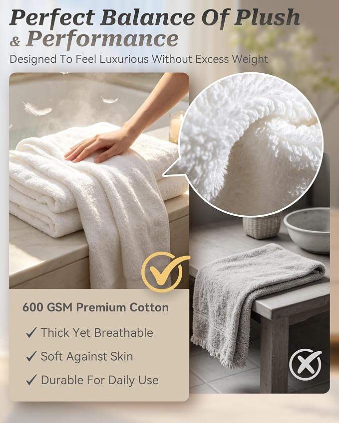 2 Packs Luxury Bath Towels Set, Ultra Soft Skin Bath Towel, Premium Hotel Bathroom Towels, Absorbent Quick Drying & Low Lint for Bathroom Spa Gym，UsePure White Set of 2