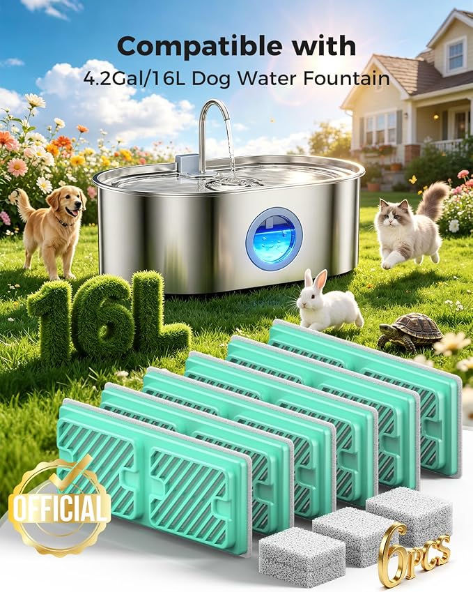 4.2Gal Extra Large Dog Water Fountain, 16L Stainless Steel Pet Water Fountain for Large Dogs, No Spill Dog Water Bowl Dispenser with Deeper Wider Bowl, 68-Cup Water Tank for Multi-Pet(6 Filters)