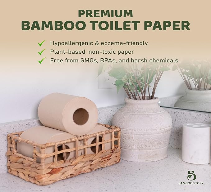 Bamboo Story, Bamboo Toilet Paper Unbleached, 6 Rolls, 3 Ply and 350 Sheets Bamboo Toilet Tissue - FSC Certified, Biodegradable, Chemical Free, Plastic Free, BPA Free, Septic Safe Toilet Paper