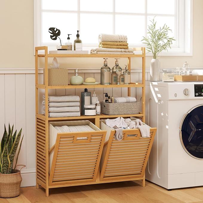 Giantex Double Tilt Out Laundry Hamper with 3-Tier Storage Shelf | 14 Gal Bamboo Laundry Storage Cabinet w/Removable Laundry Baskets, Laundry Sorter Organizer for Bathroom Living Room Bedroom
