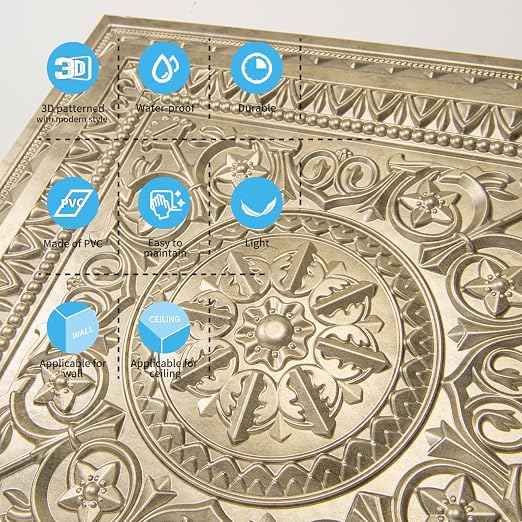 Art3d Drop Ceiling Tiles, Glue up Ceiling Tiles, 2'x2' Plastic Sheet in Antique Gold (12-Pack, 48 Sq.ft)