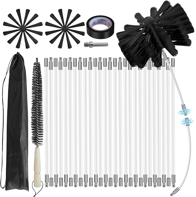 35Feet Chimney Sweep Kit,8 in Brush Head,Dryer Vent Cleaner Kit, Chimney Sweep&Chimney Cleaning Kit, Rotary Chimney Cleaning System for Flue/Fireplace/Sewage Pipe/Hood with 27 Nylon Flexible Rods