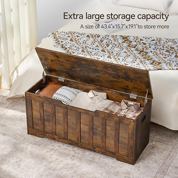 VANKILEY 43.3" Storage Chest Extra Large,Storage Trunk with 2 Safety Hinges,Wooden Storage Bench,Shoe Bench,43.3x15.7x19.1Inch,Easy Assembly,Storage Bench for Bedroom,Living Room,entryway(Rustic Brown