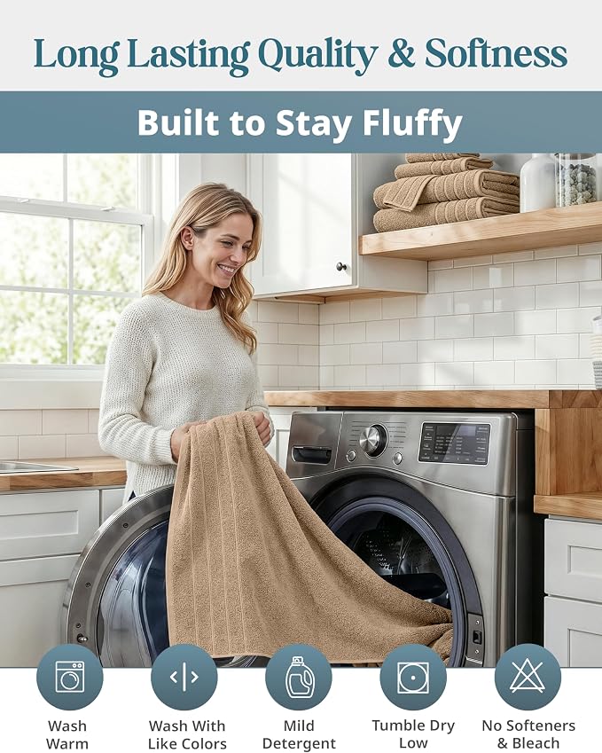 Casa Platino Large Bath Towel Set Absorbent Quick Dry 100% Cotton - Beige | Cotton Bath Towels - Fade-Resistant Color, Classic Terry Weave, Densely Woven, Coordinated Colors, Dobby Border Accent