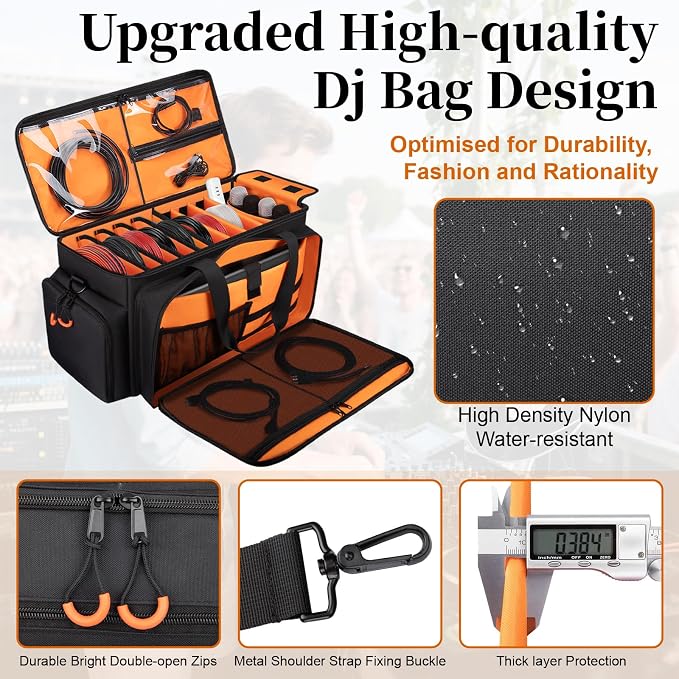 Large Dj Cable Bag with Laptop and Microphone Pocket, Dj Bag for Equipment and Music Accessories with Detachable Dividers, Bottom Pad, Dj Gig Bags for Musicians, Professional, Travel, Orange