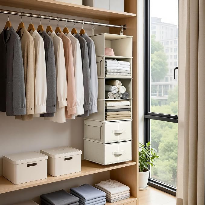 Vailando 6-Shelf Hanging Closet Organizer with 3 Drawers, 6-Shelf Inseparable Closet Organizers and Storage for Wardrobe Organization, Hanging Dresser for Nursury & Dorm Clothes Organizer, Beige