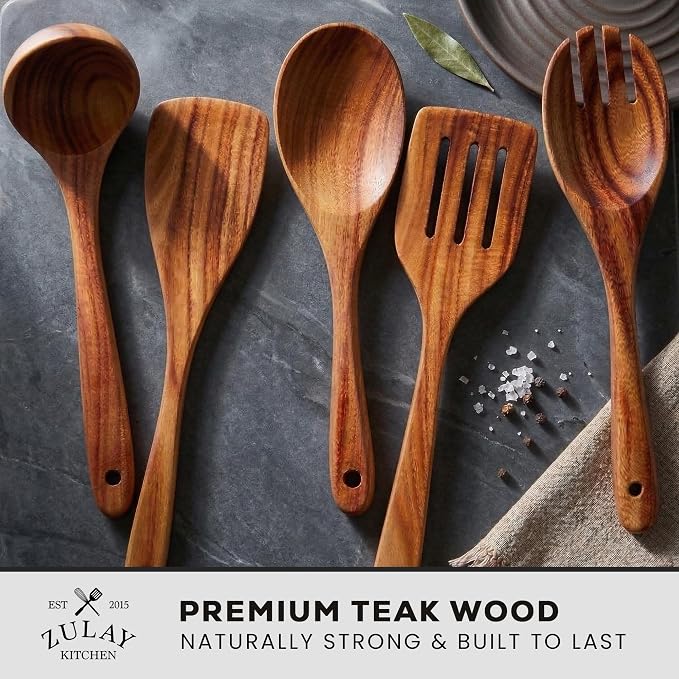 Zulay Kitchen Extra-Large 5-Piece Wooden Spoon Set - Smooth Teak Cooking Utensils - Comfort-Grip Non-Stick Turner, Spatula, Skimmer, Fork, Serving Spoon