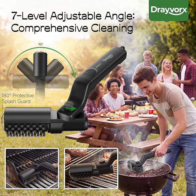 Electric Grill Brush, 20kg High Torque BBQ Cleaner with 3 Speed Modes, Reinforced Steel Bristle Scrubber, Type-C Rechargeable, Safe for Cast Iron & Porcelain Grates
