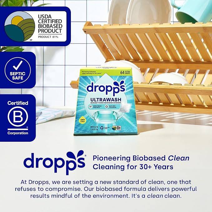 Dropps UltraWash Dishwasher Detergent Pods, Unscented (32 Ct) - Free & Clear | Cuts Grease & Stuck-On Food | Sparkling Dishes & Glasses | Residue-Free | Clean Ingredients | Plastic Free Packaging