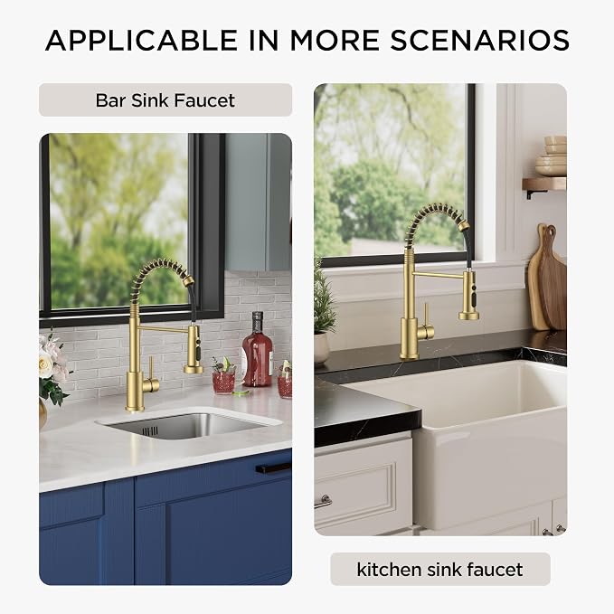 FORIOUS Gold Kitchen Sink Faucet, Stainless Steel Single Handle | Classic Commercial Kitchen Faucet with 3 Modes Sprayer, Suitable for Outdoor Laundry Rv Bar, with Deck Plate for 1 or 3 holes
