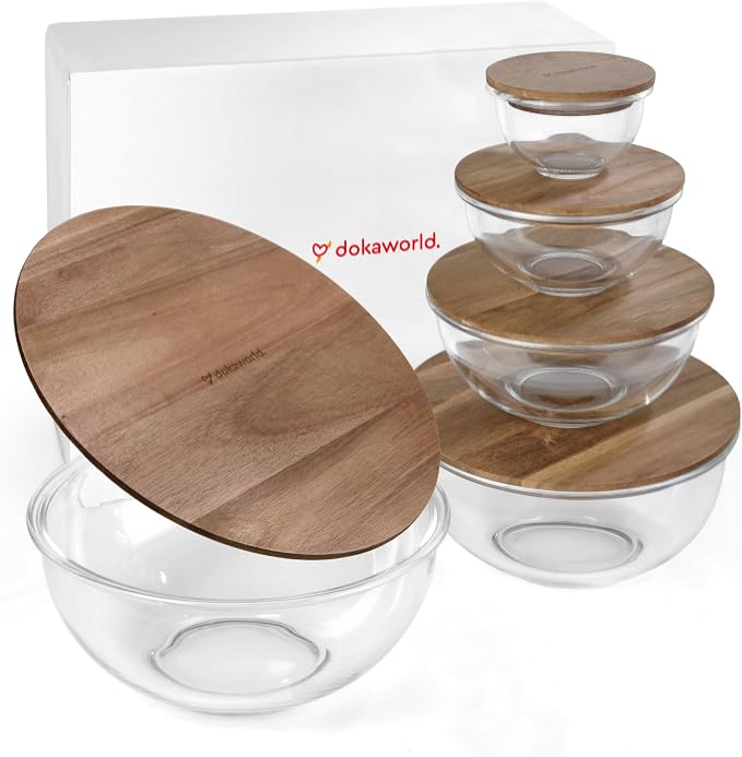 Set of 5 Nesting Glass Bowls with New Updated Acacia Lids for Foodprep, Storage, Mixing & Cooking - Microwave & Oven-ready BPA Free Durable Heat Resistant Inert Borosilicate Glass