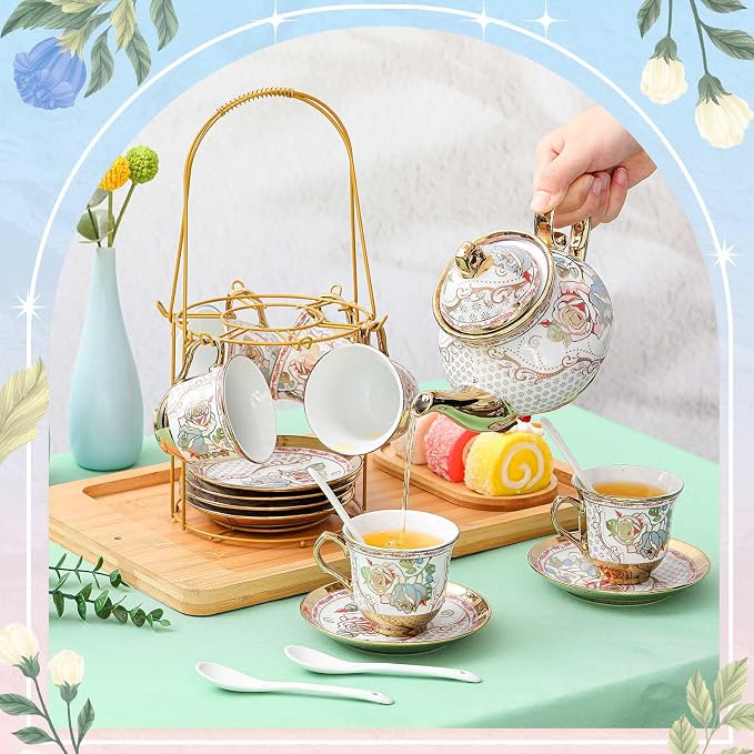 Zhehao 20 Pcs Porcelain Tea Set with Metal Holder and Spoon Adult Ceramic Tea Set European Flower Painting Teapot Cup Saucer Spoon for Women Mom Gift, Large Version (Minimalist Style)