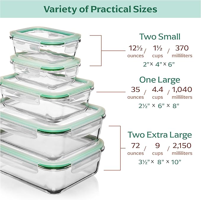 Family Pack - Glass Storage Containers - Airtight 5 Pack | Borosilicate Build, 2x72 oz 2x12.5 oz 1x35 oz, Microwave Oven Freezer Safe, Leak Resistant, Nesting Design