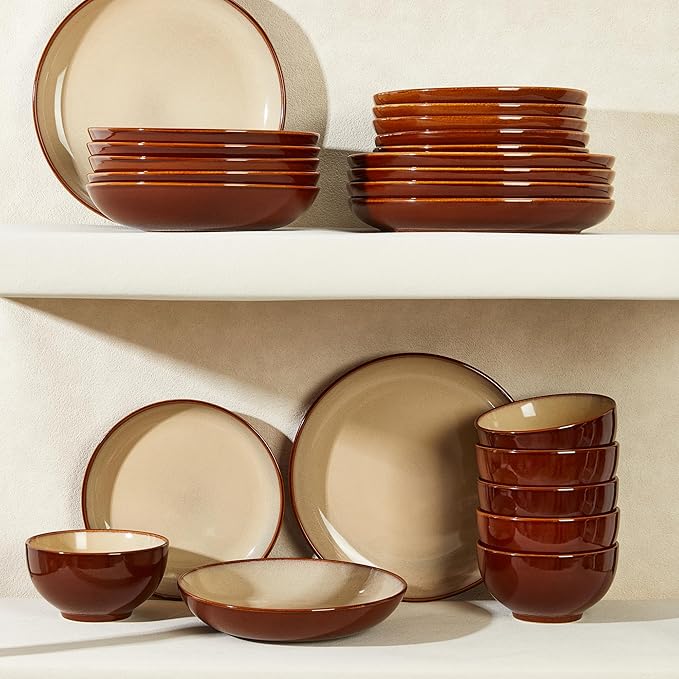 Pokini 32 Piece Double Bowl Dinnerware Sets with Pasta Bowls, Highly Chip and Crack Resistant Plates and Bowls Sets, Natural Earthyware Ceramic Dishware Sets, Service for 8 Brown Yellow