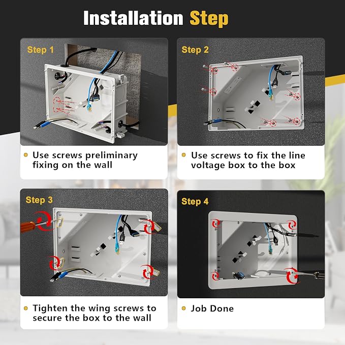 in-Wall TV Box with Flange for Home Theater Installation, Cord Hider for Wall Mounted TV, with 2 Duplex Outlets, Cable Bracket, LV Cable & 1-1/2" ENT Entrance, Ideal for New or Retrofit Job, 2 Pack