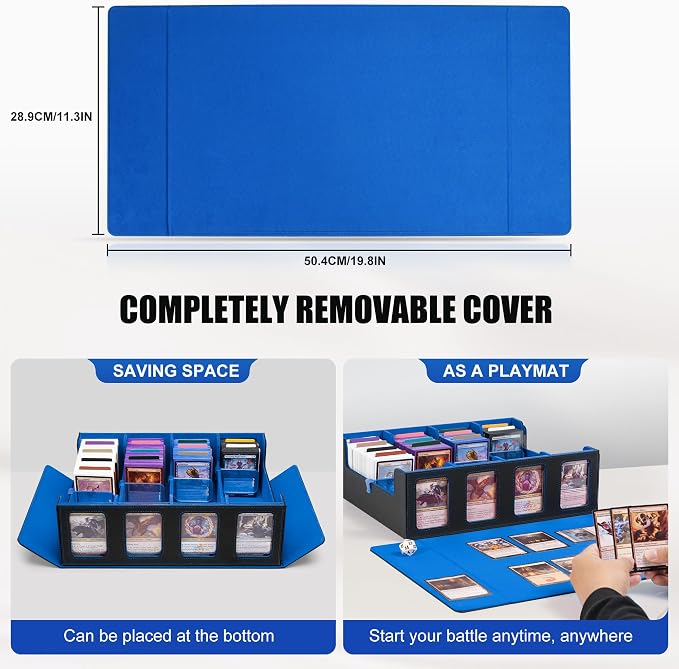 Trading Card Storage Box with Commander Display , 4-Row Deck Case with Removable Lid; 2400+ Card Deck Box for MTG TCG Sports Card, 4 Top Loaders, 4 Stoppers, 24 Dividers,1 Dice Bag (Black Blue)