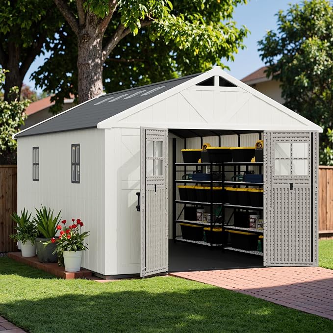 Greesum 10X14FT Plastic Outdoor Storage Shed with Floor and Lockable Door, Resin Sheds with 6-Windows and Multiple Skylights, HDPE Kick-it Shed for Garden, Patio, Backyard, Beige