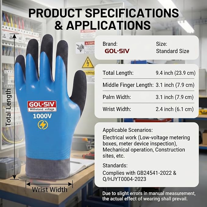 1000V Insulated Work Gloves, ASTM D120, 2 Pairs, Large | High dexterity electrical safety gloves. Non-slip grip, breathable. For EV, HVAC & low-voltage repair.