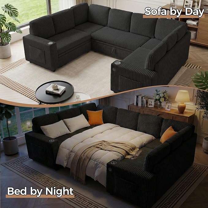 Oversized U Shaped Sectional Sleeper Sofa with Pull Out Bed, Black | 8 Seat Modular Design, Hidden Storage Space, Soft Corduroy Fabric, USB Charging, Cup Holders, Removable Covers, Easy Assembly