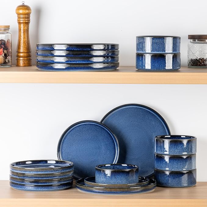 TheTerra Ceramic Dinnerware Sets for 6, 18 Pieces Porcelain Lightweight Plates and Bowls Sets, Scratch Resistant Dish Set, Oven & Microwave & Dishwasher Safe, Starry Blue