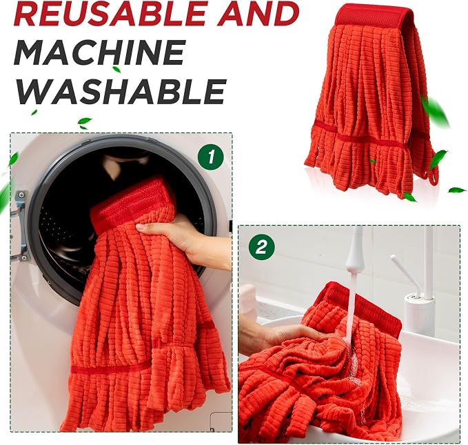 Hushee 12 Pack Large Microfiber Tube Mop Heads 18 oz Heavy Duty Commercial Industrial Wet Mop Head Refill Reusable Machine Washable Looped End Mopheads for Hardwood, Tile, Laminate Floors (Red)