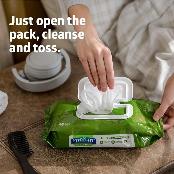 FitRight Personal Cleansing Wipes with Aloe 8x10 Scented 600 Count | Moisturizing Body Wipes for Adults, Incontinence Cleaning, Cloth Wipes for Elderly Care & Bathing
