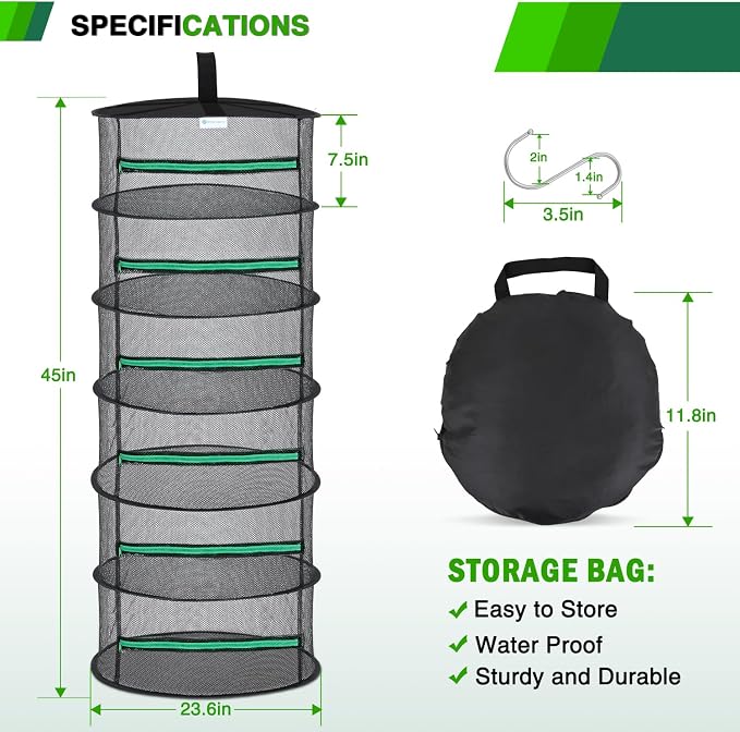 Yesker 6 Layer Herb Drying Rack Hanging Mesh Net Foldable Plant Drying Racks 24" Diameter with Green Zipper & Hook Dryer Hanging Rack for Herbs Seed Bud Fruit Clothes Grow Tent Closets Garden Outdoor | 24" Diameter with Green Zipper & Hook Dryer Hangin...
