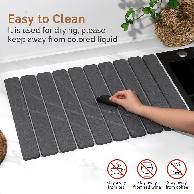 Large Stone Dish Drying Mat for Kitchen Counter,2 PCS Quick Dry Stone Mats,Foldable Water Absorbing Diatomaceous Drying Pad for Countertop Bottles Utensils Cups (Flow Line Dark Gray 24"x16" & 8"x4")