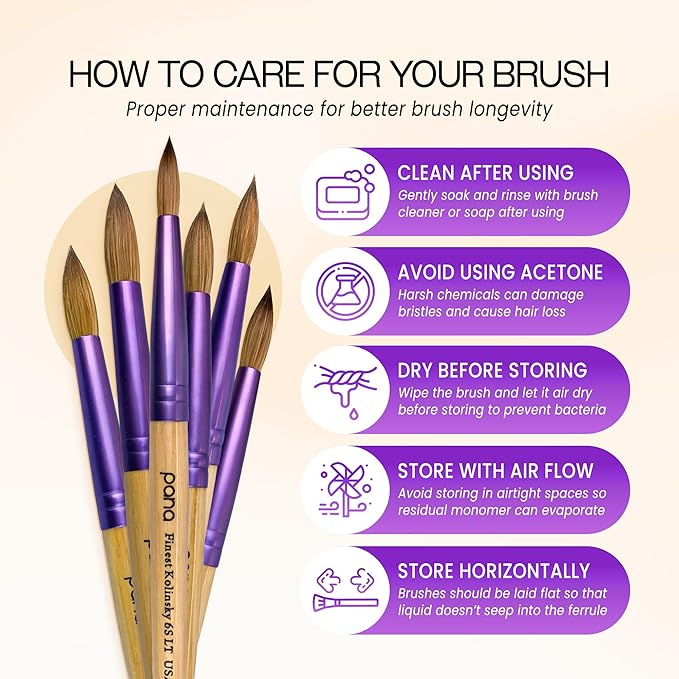 PANA Pure Kolinsky Hair Acrylic Nail Brush - Round Shape Purple Ferrule with Beige Wood Handle (Size 8)