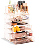 Sorbus Acrylic Makeup Organizer Set, 6-Drawer Vanity & Countertop Cosmetic Storage with Small & Wide Compartments, Pink Makeup Storage for Brushes, Jewelry – Holiday Gift for Women & Teens